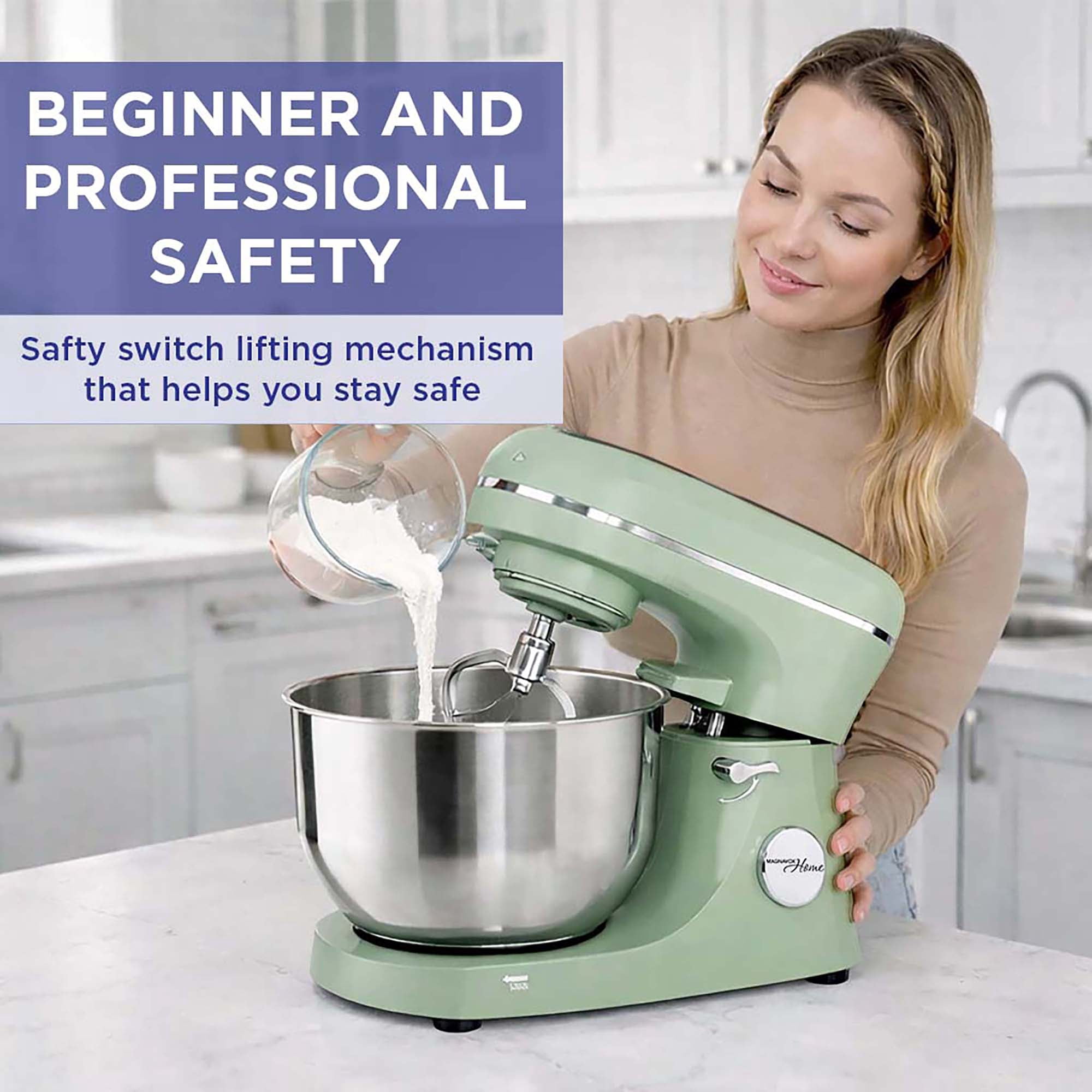 Magnavox 6.0L Digital Touch Screen Stand Mixer with Stainless Steel Bowl, 11-Speed, Tilt-Head, Planetary Mixing, 660W Motor, Dough Hook, Beater, Whisk, Bowl Cover, Pistachio
