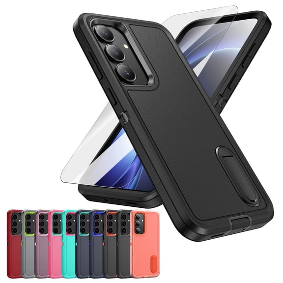 3-in-1 Shockproof Phone Case compatible with Samsung Galaxy S25 FE, 3 Layer Heavy Duty Anti-Scratch Hard Case, Rugged Stand Cover with Glass Screen Protector