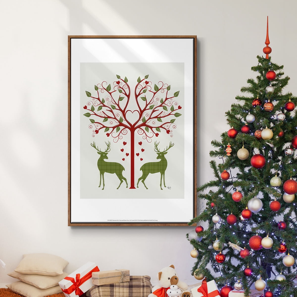 Christmas Des - Deer and Heart Tree, On Cream - Framed Gallery Wrapped Holiday Canvas - 17 x 25 - Rosewood Frame