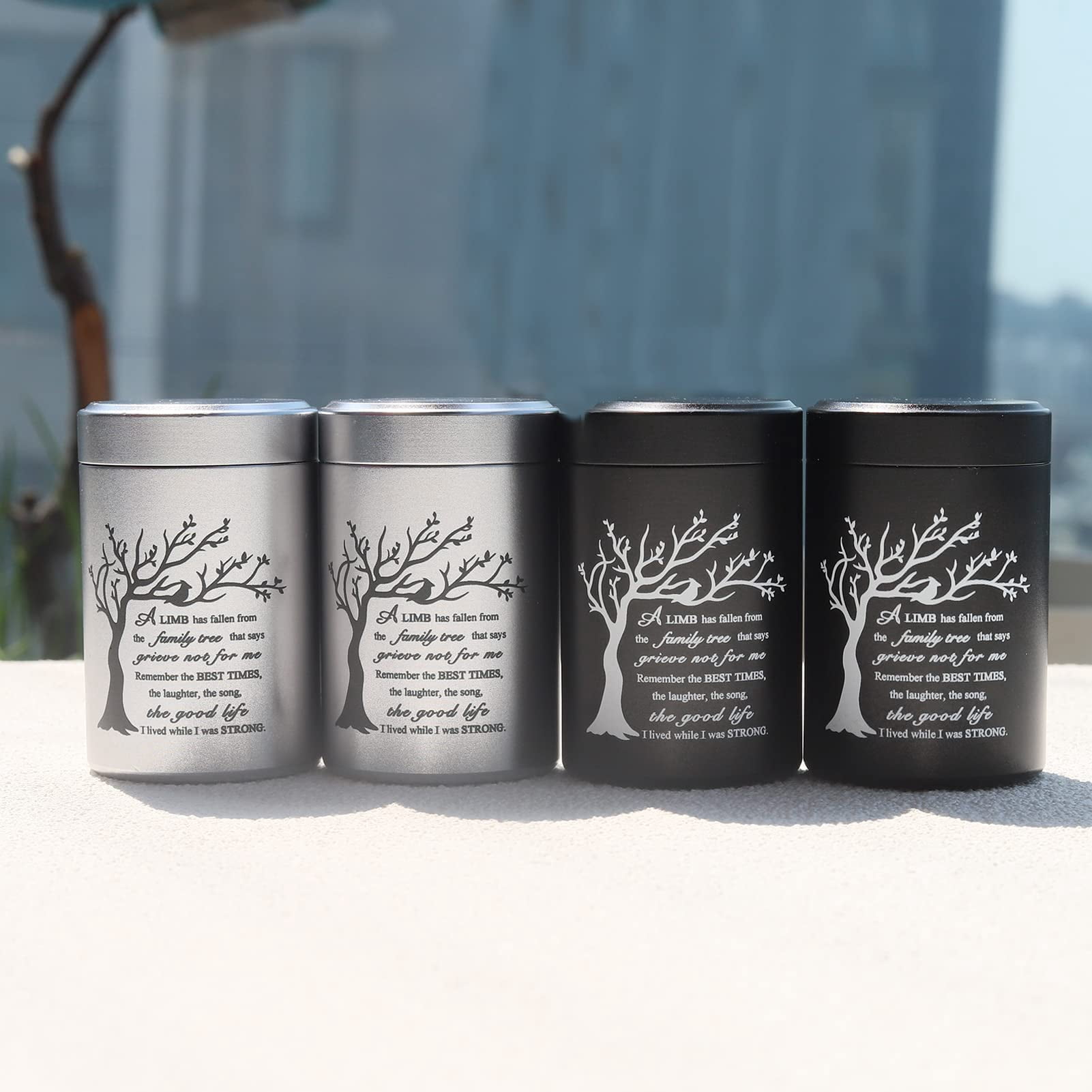 Small Urns for Ashes - Set of 4，2.7 inch High Quality Aluminium Mini Urns, Cremation Urns for Human/Pet Ashes,Ashes Holder,Small Keepsake urns--A LIMB has fallen from the family tree,Black&Silver