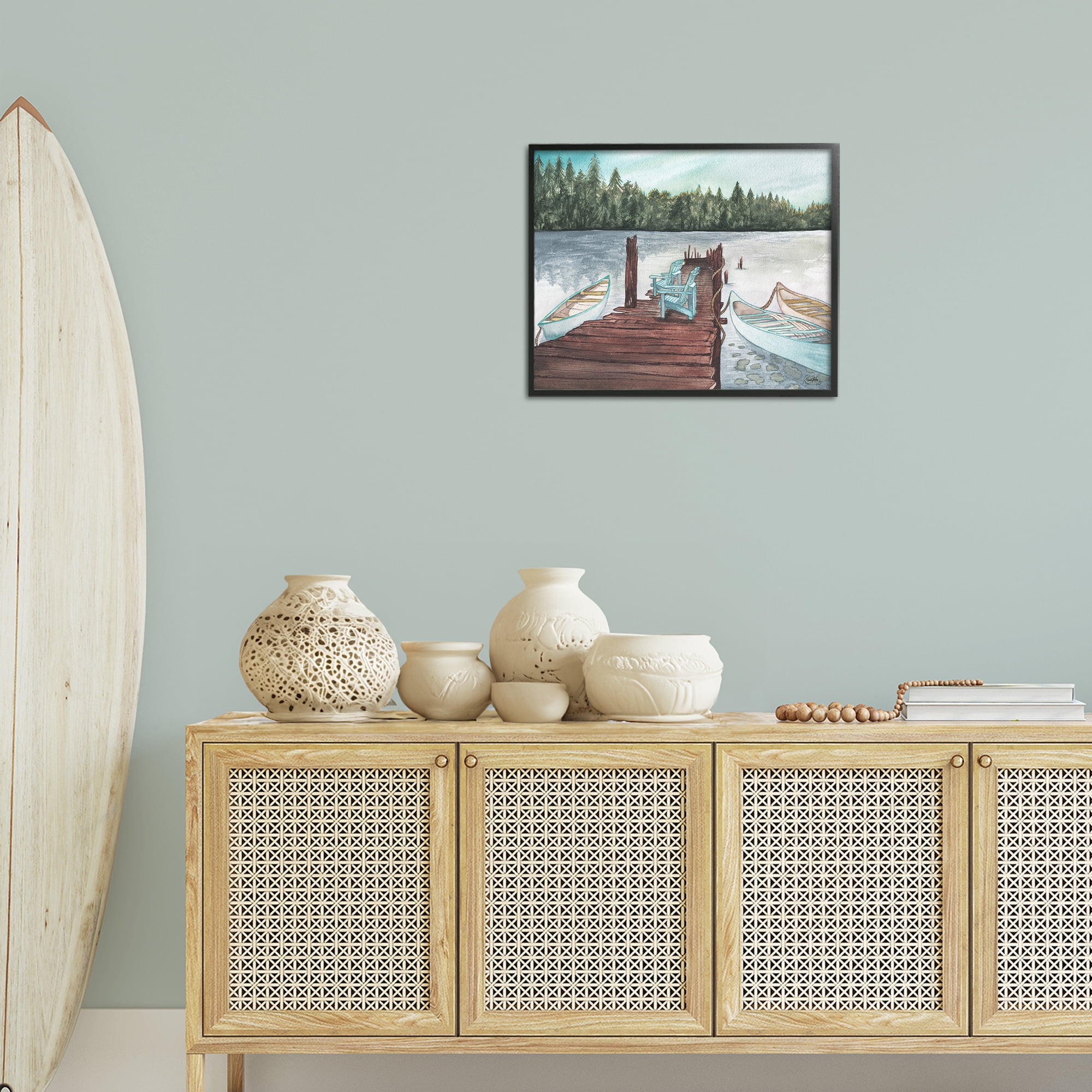 Stupell Industries Canoes at Lake Dock Landscape Painting Black Framed Art Print Wall Art, 20 x 16