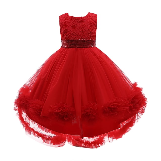 vestido para niñas, ropa para niñas pequeñas, vestido para niños pequeños, hilo de red, lazo, fiesta de cumpleaños, vestido de flores, vestidos para niños, rojo odeerbi lm103-3464 vestido rojo sin mangas con corpiño con relieve floral, cinturón ancho de lentejuelas y falda amplia de malla en capas con volantes y flores en el dobladillo; vista frontal centrada sobre fondo blanco, ideal para fiestas, fotografía o presentaciones infantiles y a menudo usado para sesiones de fotos de bebé.