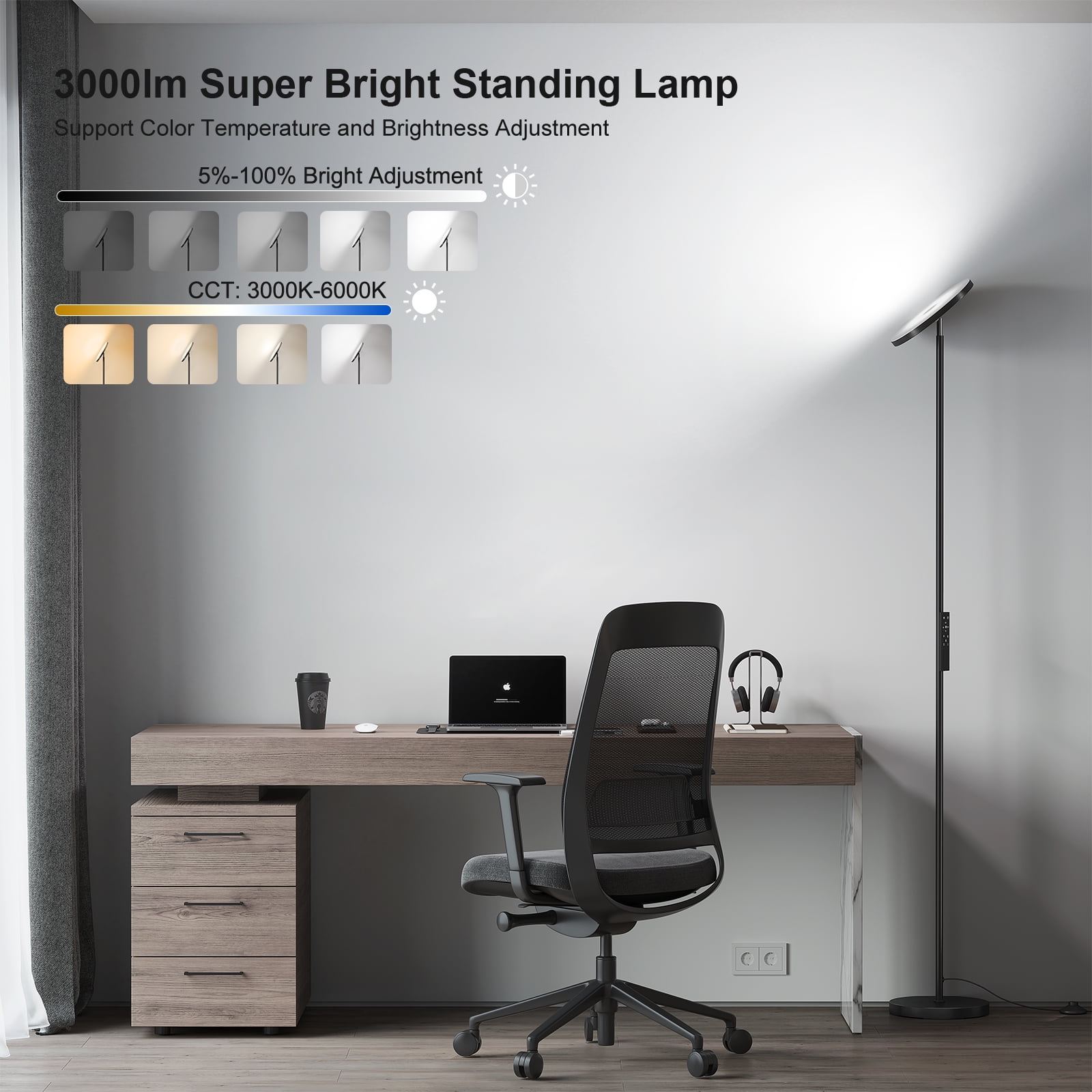 SUNMORY 69" Modern Remote Control Black Torchiere Floor Lamp, Led Super Bright Standing Lamp, Tall lamp for Living Room Bed Room