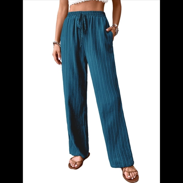 Pantalones Palazzo de para Mujer, Elegantes, de Verano, de Pierna , Holgados, Estilo Bohemio, de , para Playa, con Bolsillos. Azul Neblina M