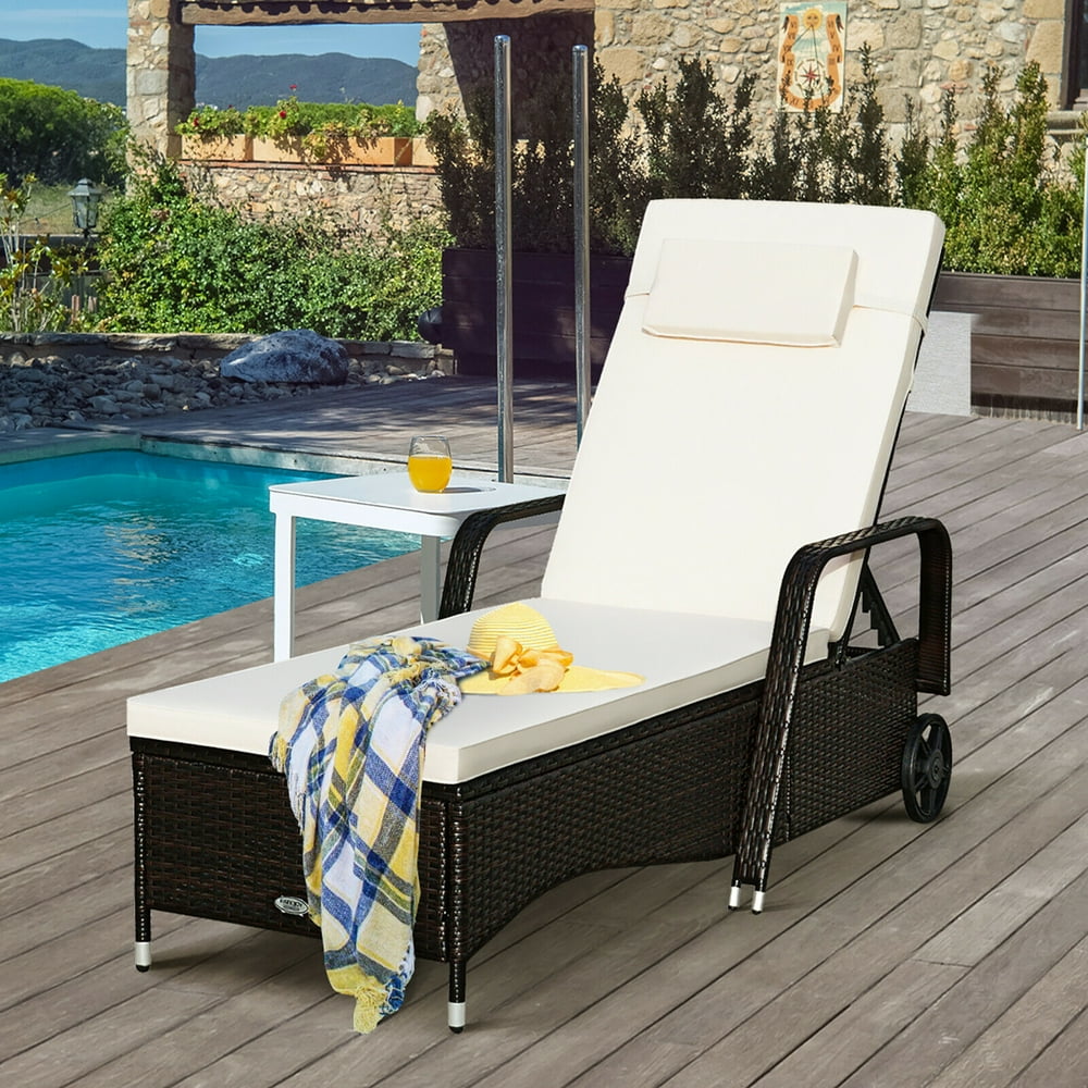 Costway Outdoor Chaise Lounge Chair Recliner Cushioned Patio Furniture Adjustable Wheels 