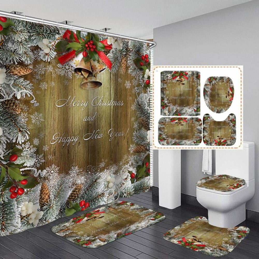Christmas Farmhouse Red Truck Shower Curtain Pine Fir Tree Bathroom Flannel Mat 