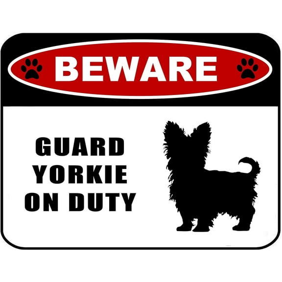 Beware Guard Yorkie (silhouette) on Duty 11.5 inch x 9 inch Laminated Dog Sign