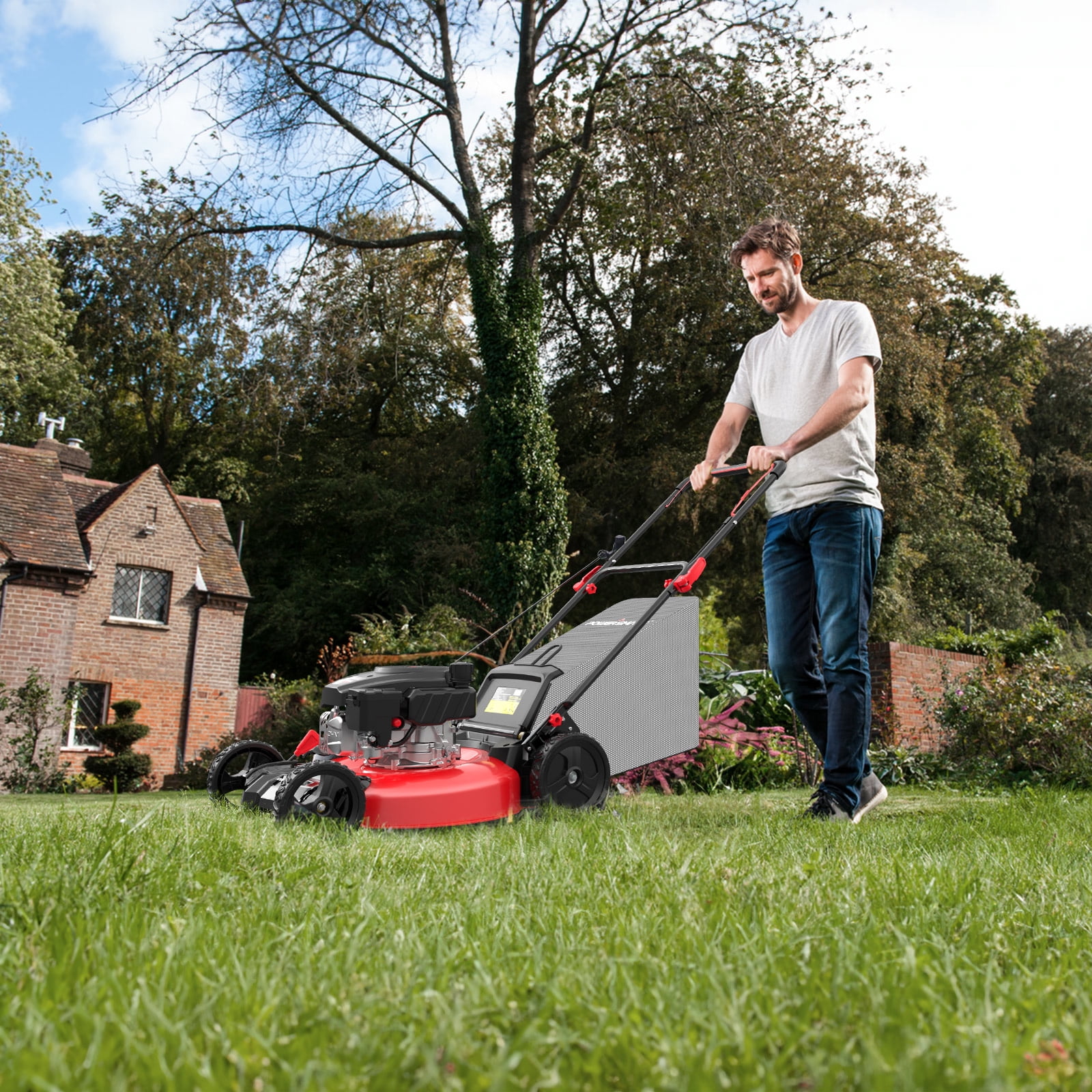 PowerSmart 144CC Engine Gas Push Lawn Mower, 21 inches Cutting Blade, 6-Position Height Adjustment
