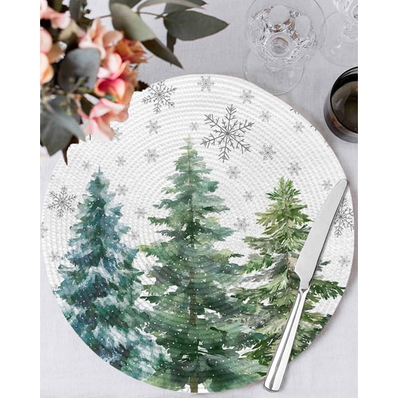 15 Inch Round Placemats Set of 6, Green Christmas Tree Non Slip Heat Insulation PP Table Mats, Xmas Tree Grey Snowflake Washable Place Mats for Kitchen Dining Party Table Decor