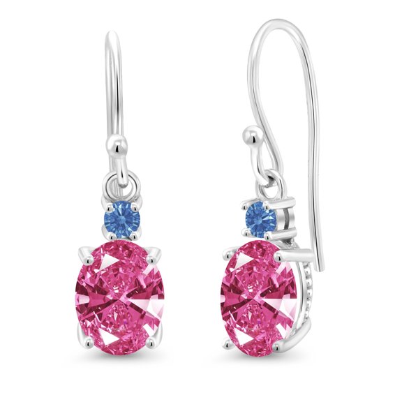 Gem Stone King 10K White Gold Pink Zirconia and Fancy Blue Zirconia Dangle Earrings for Women Oval 8x6mm