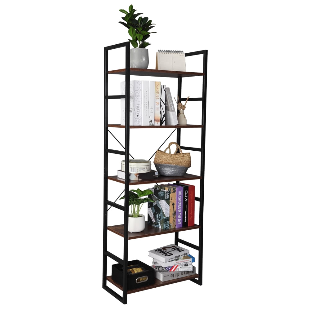 Kepooman 5-Tier Industrial Bookcase and Book Shelves, Vintage Wood and Metal Bookshelves, Retro Brown Kepooman 5-Tier Industrial Bookcase and Book Shelves, Vintage Wood and Metal Bookshelves, Retro Brown