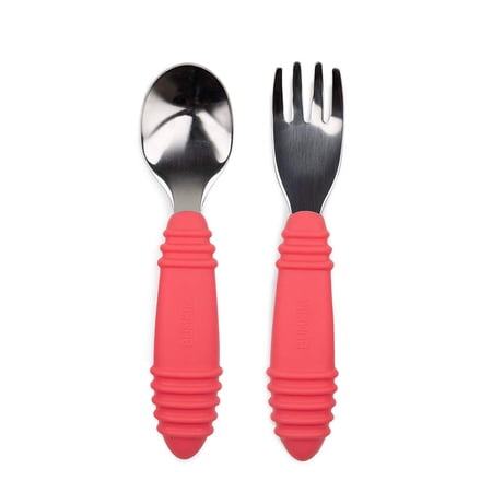 Bumkins Baby Fork and Spoon Set, Toddler Silverware, Self Feeding, Silicone and Stainless