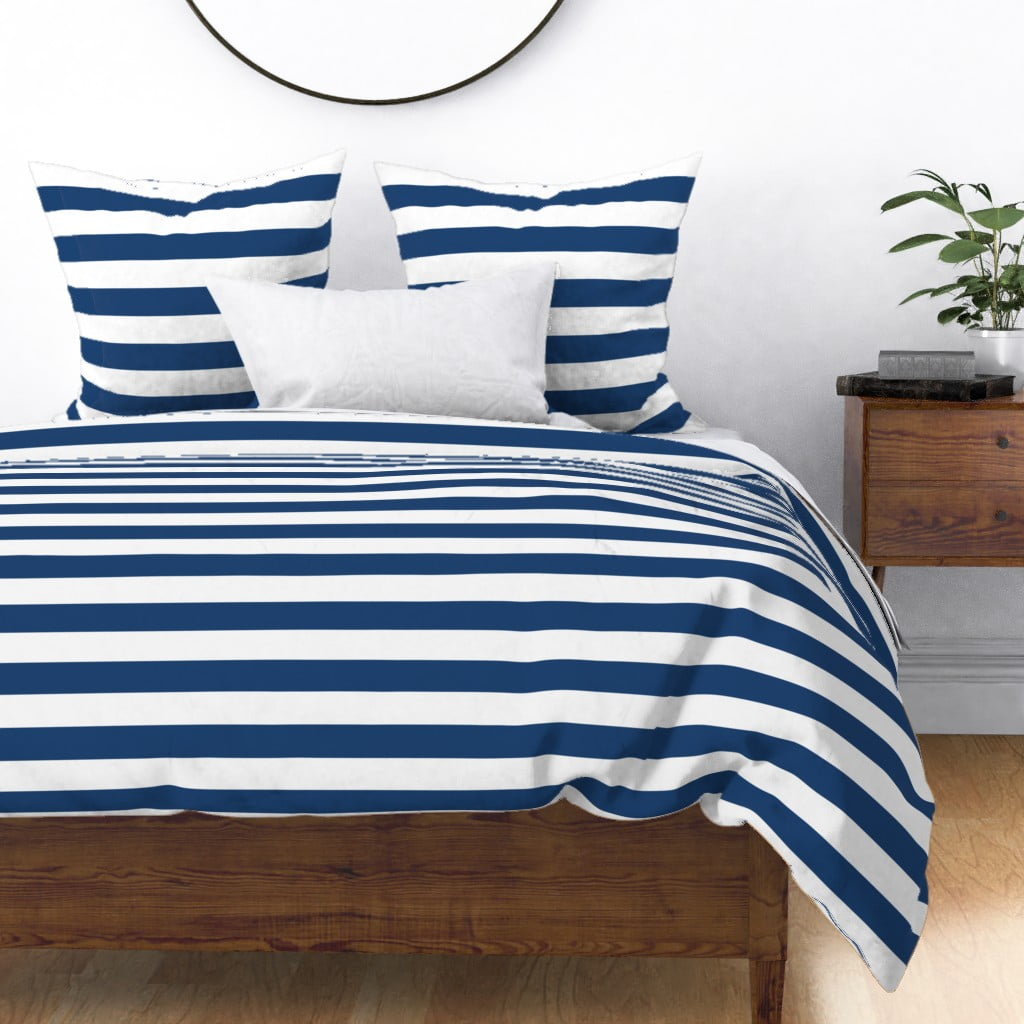 Cotton Sateen Duvet Cover, King/Cali King Nautical Stripes Navy Blue