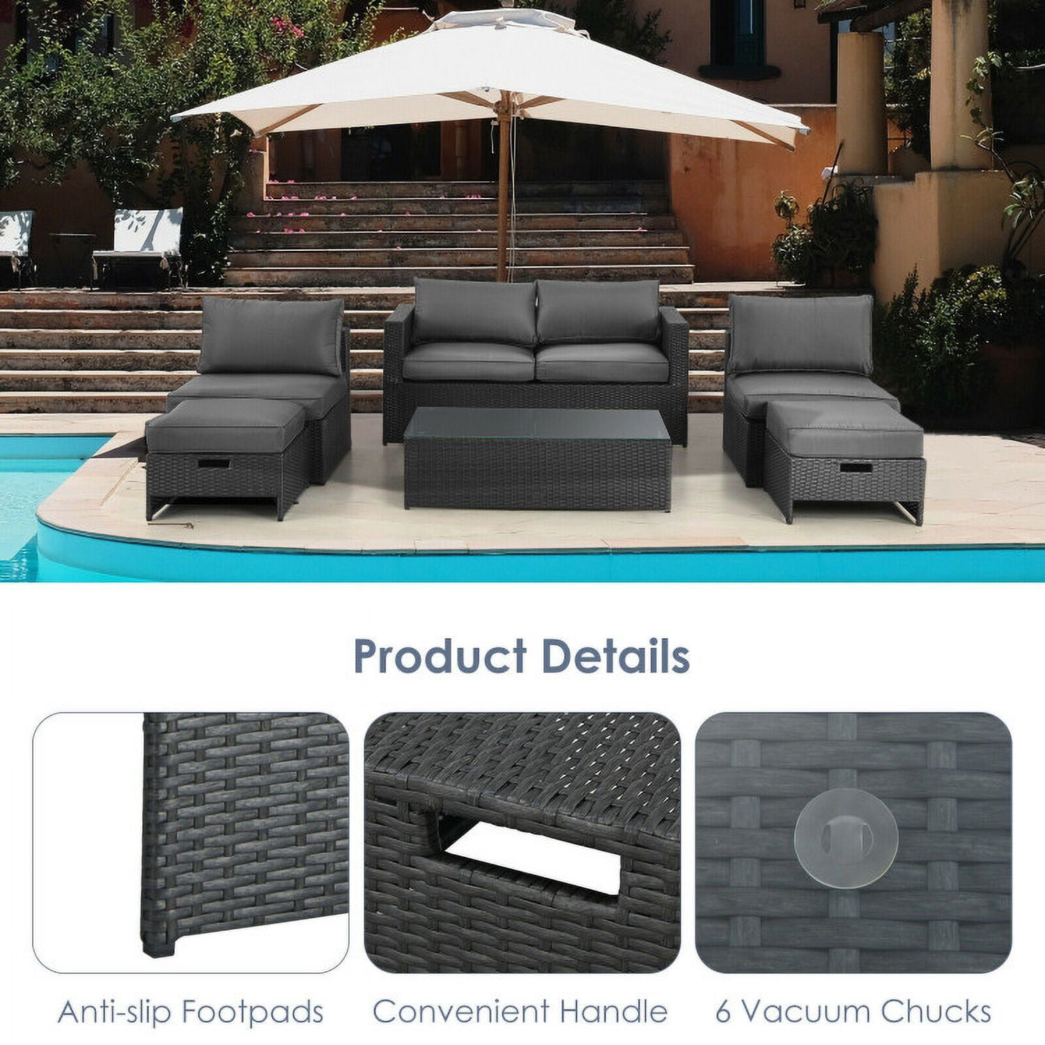 Aimee Lii 6 Pieces Patio Rattan Furniture Set with Glass Table and Cushioned Seat, Outdoor Patio Set, Gray Aimee Lii 6 Pieces Patio Rattan Furniture Set with Glass Table and Cushioned Seat, Outdoor Patio Set, Gray