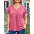 thumbnail image 2 of FlorCurve Plus Size Blouse for Women Flutter Short Sleeve V Neck Pleated Button Tops Casual Cotton Tunic Shirts, Pink 5XL, 2 of 6