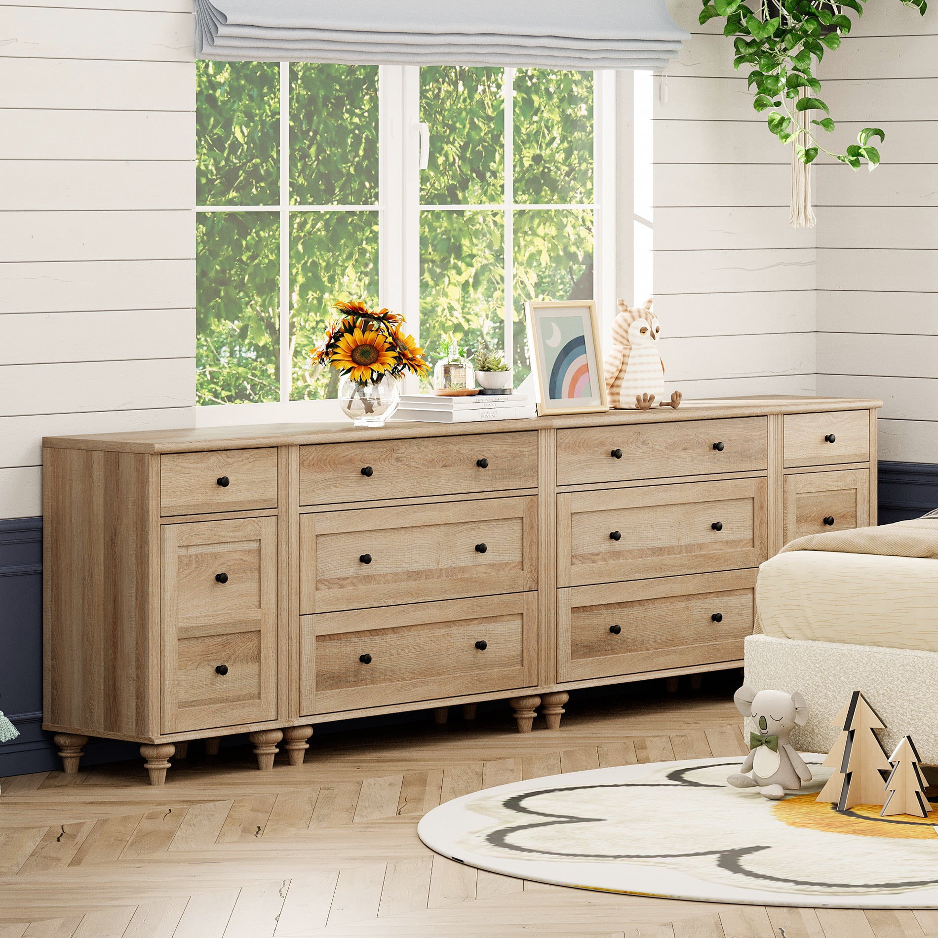 WAMPAT Farmhouse TV Stand for 100 Inch TV, 3-in-1 TV Console Table with 8 Drawers and 2 Storages, Entertainment Center with Charging Station for Living Room, Oak