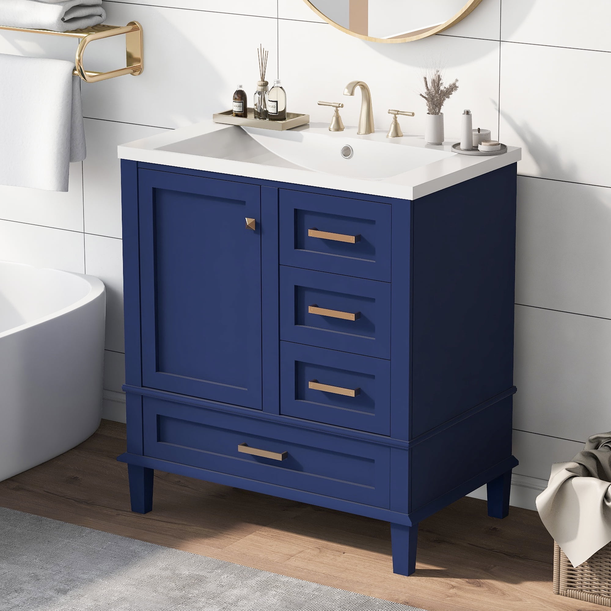 Harper & Bright Designs 30" Blue Bathroom Vanity Cabinet with Sink Combo Set, Bathroom Storage Cabinet with a Soft Closing Door and 3 Drawers, Solid Wood Frame