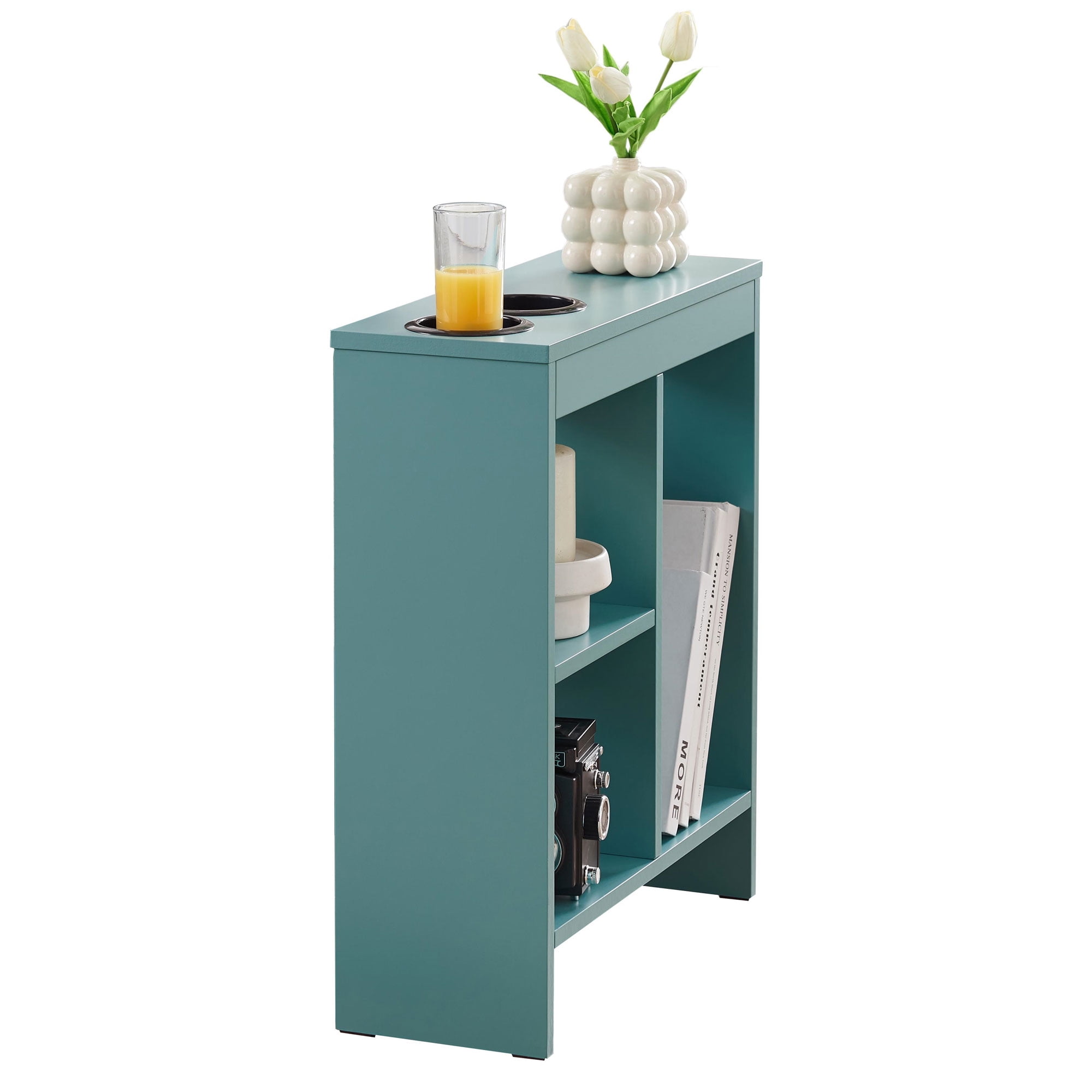 Kings Brand Furniture Slim Wood Side Table with Drink Holders and 3 Open Shelves, Teal