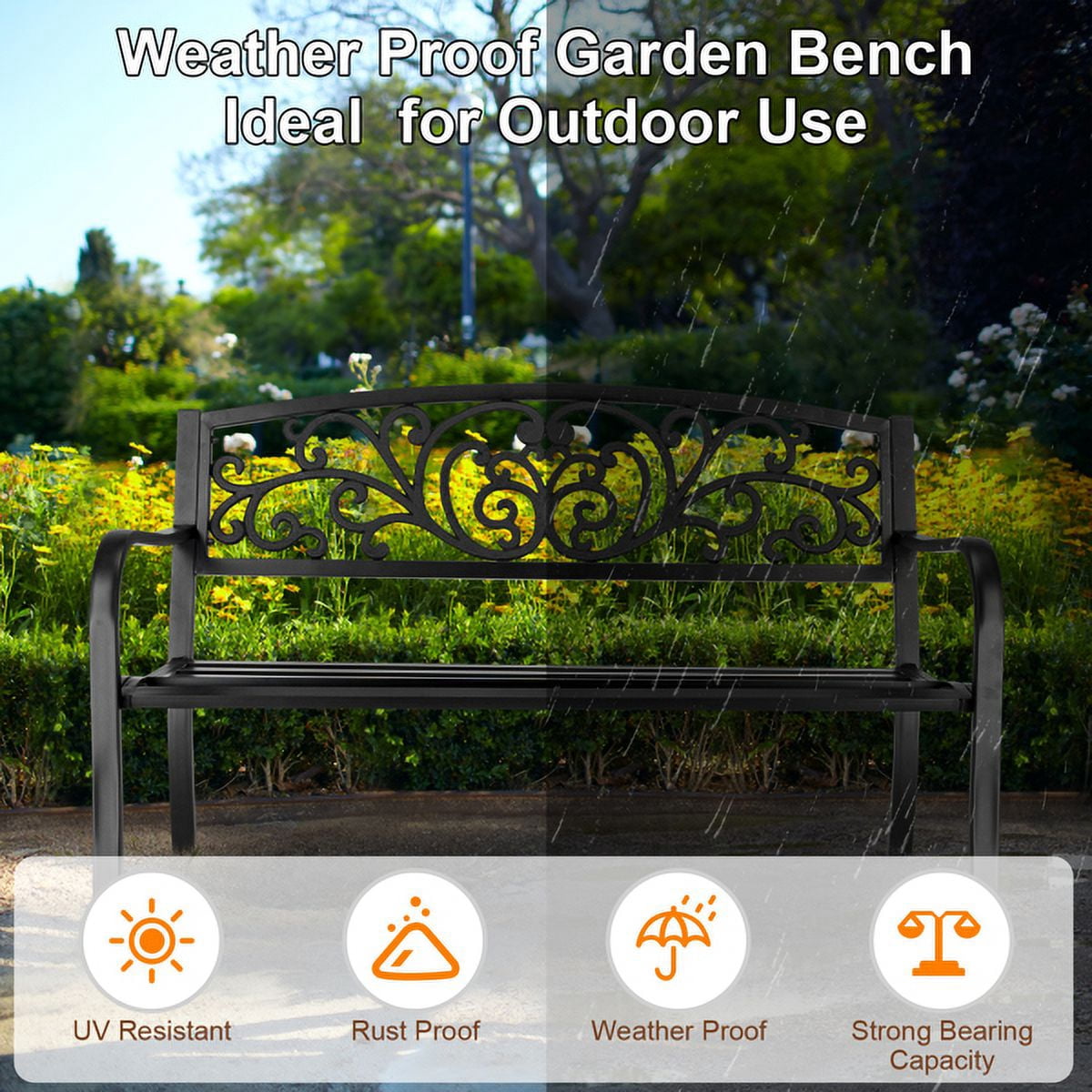 50" Iron Outdoor Courtyard Decoration Park Leisure Bench for Garden Path Patio Black