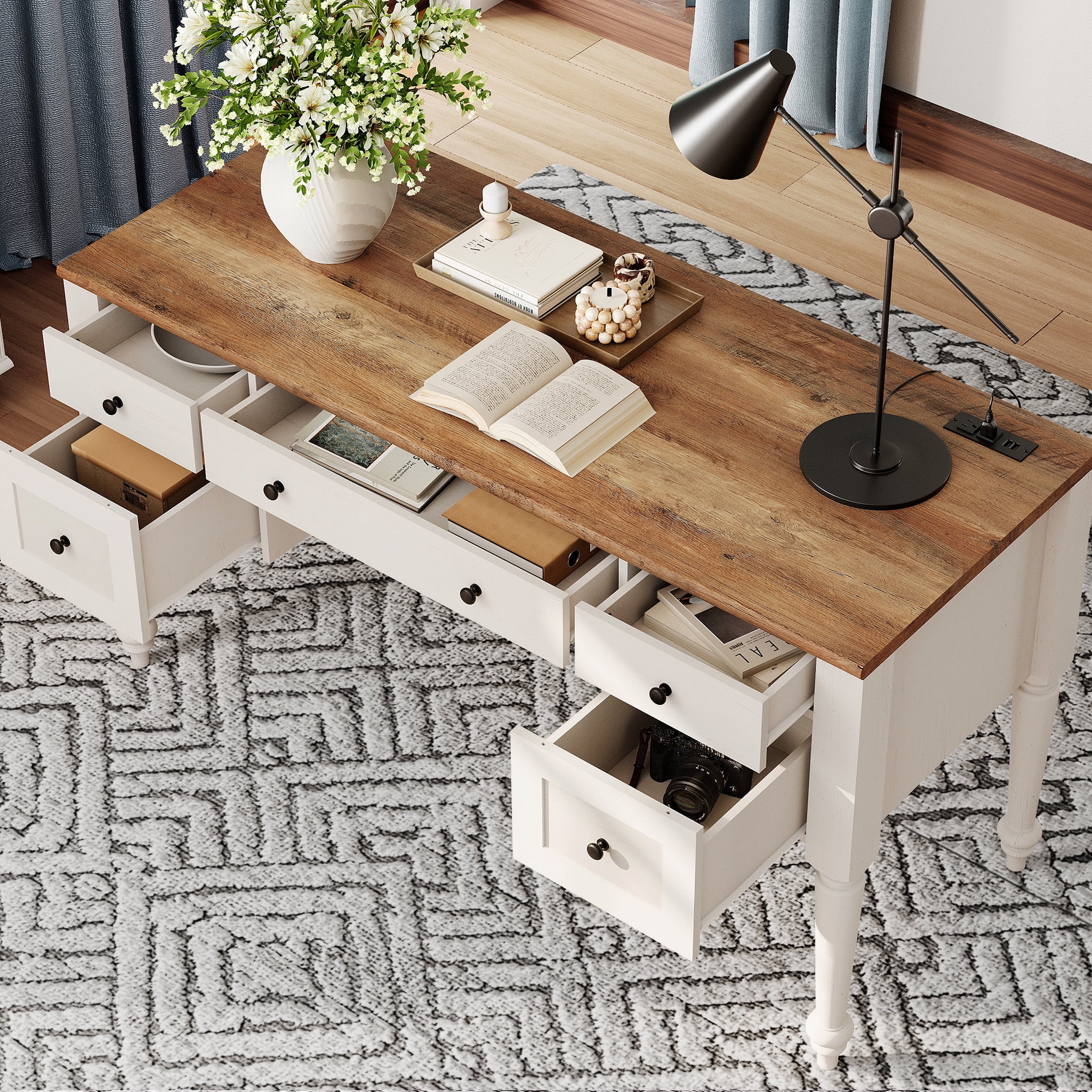 Farmhouse Executive Desk with Drawers, Charging Function, File Drawer, for Home Office, Work, Study Room, Oak