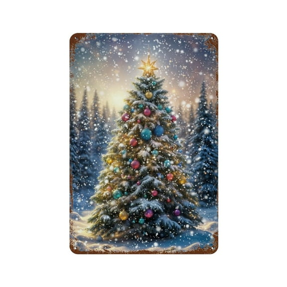 Merry Christmas Vintage Tin Sign – Classic Tree Design Metal Wall Decor for Holiday Home, Porch, Café, or Bedroom 8x12 Inch