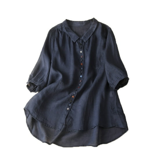 Mittory Women's Cotton Linen Shirts Summer Short Sleeve Mandarin Collar Chinese Frog Button Down Tops Loose Vintage Blouses
