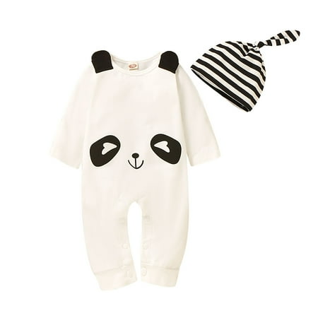 

Kucnuzki Baby Boy Winter Clothes 18 Months Baby Boys Casual Bodysuits 24 Months Long Sleeve Carton Panda Prints Causal Cozy Bodysuits Hat 3PCS Set White