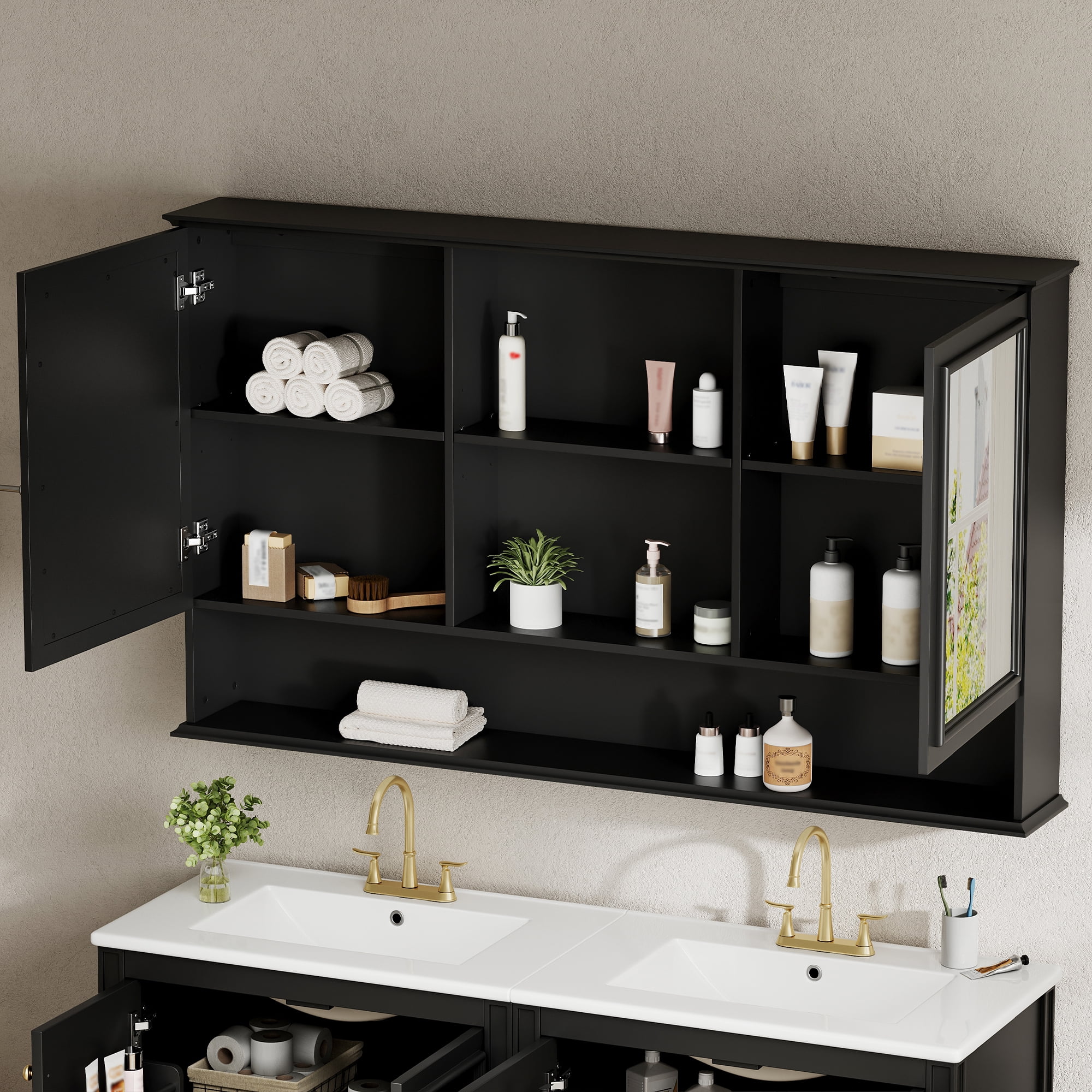 Mintazer 60" Wall Mounted Bathroom Medicine Cabinet with 2 Mirrored Doors, Adjustable Shelves & Soft Close Hinges for Bathroom Laundry Room, Black