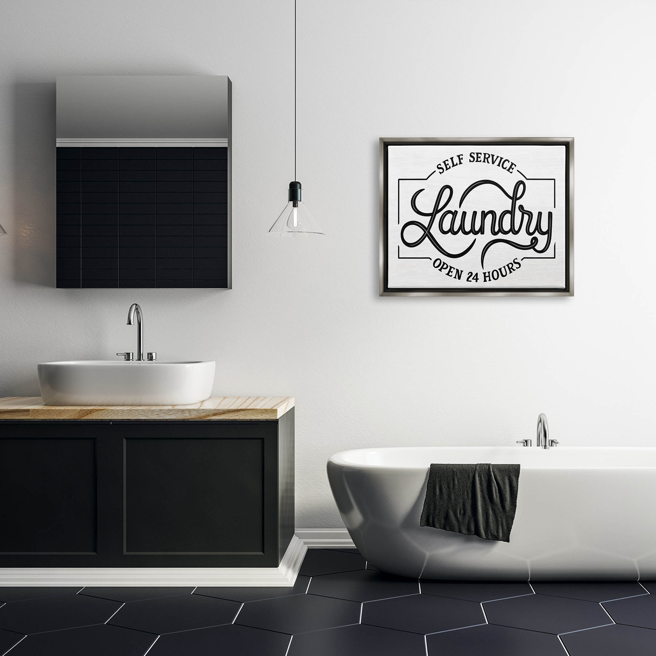 Self Service Laundry Open Sign Typography Graphic Art Luster Gray Framed Art Print Wall Art