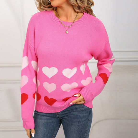 SDNall Women's Long Sleeve Pullover Sweater, Heart Pattern Knit Top with Round Neck
