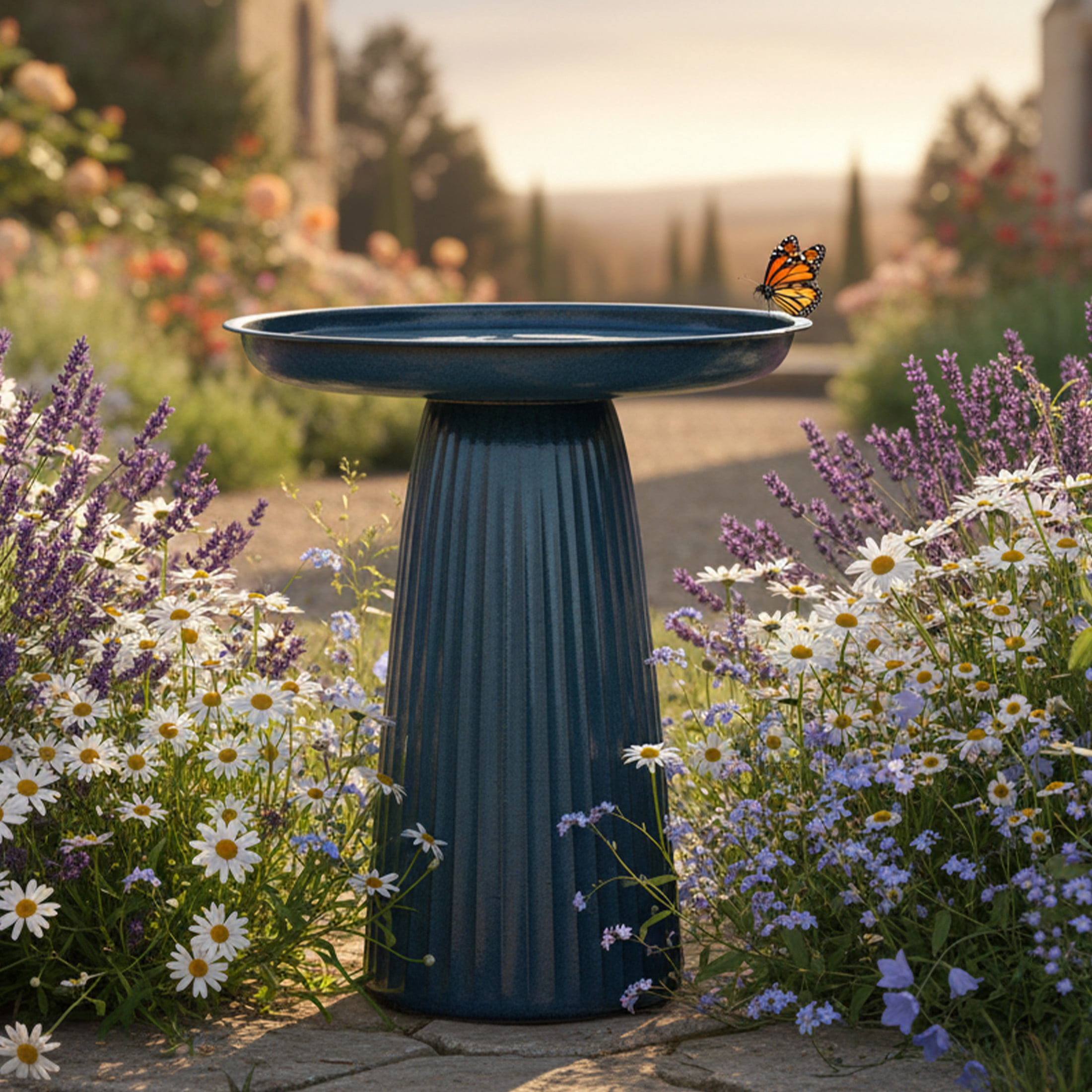 Sunnydaze Gleeful Garden Metal Bird Bath for Outdoors - UV-Resistant Large Bird Bath for Outside - 23-Inch - Blue Glaze