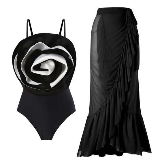 WREESH Womens One Piece Swimsuit Solid Color Swim Suits Beach Cover Ups Swimwear Bikini Lace Up Swimsuit Long Skirt Chiffon 2 Pcs Set Sleeveless Bathing Suits Black
