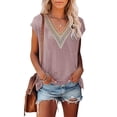 thumbnail image 1 of Blusa de mujer con escote en V y detalle de encaje, color rosa raíz de loto, mangas cortas, transpirable y cómoda, talla M Summer Chic, 1 of 5