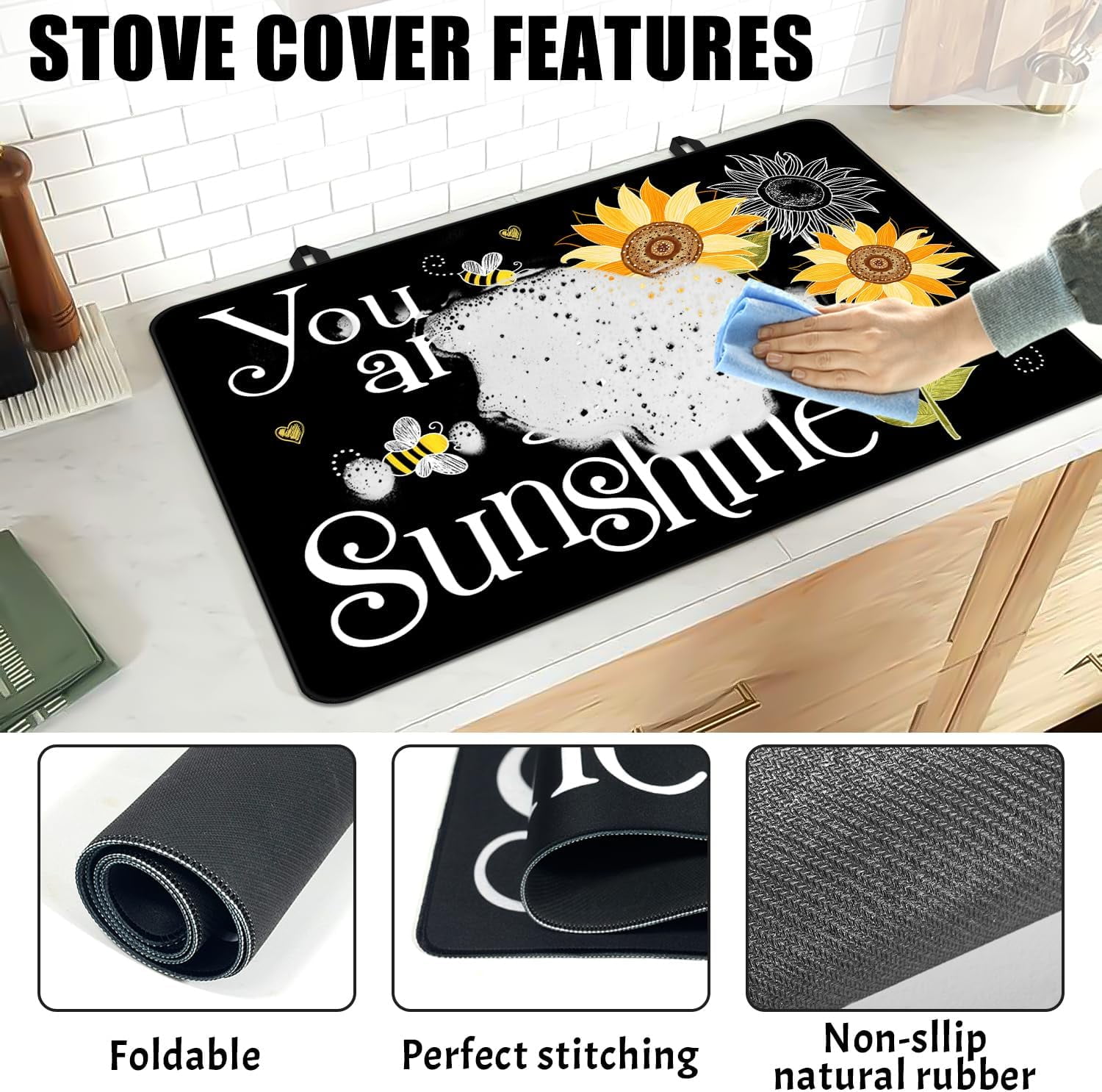 Christma Stove Top Covers for Electric Stove, You Are My Sunshine Fall Stove Cover Sunflowers Non-Stick Kitchen Pad for Gas Stove Cooktop Washable Countertop Protector Mat Keep Stove Clean Black