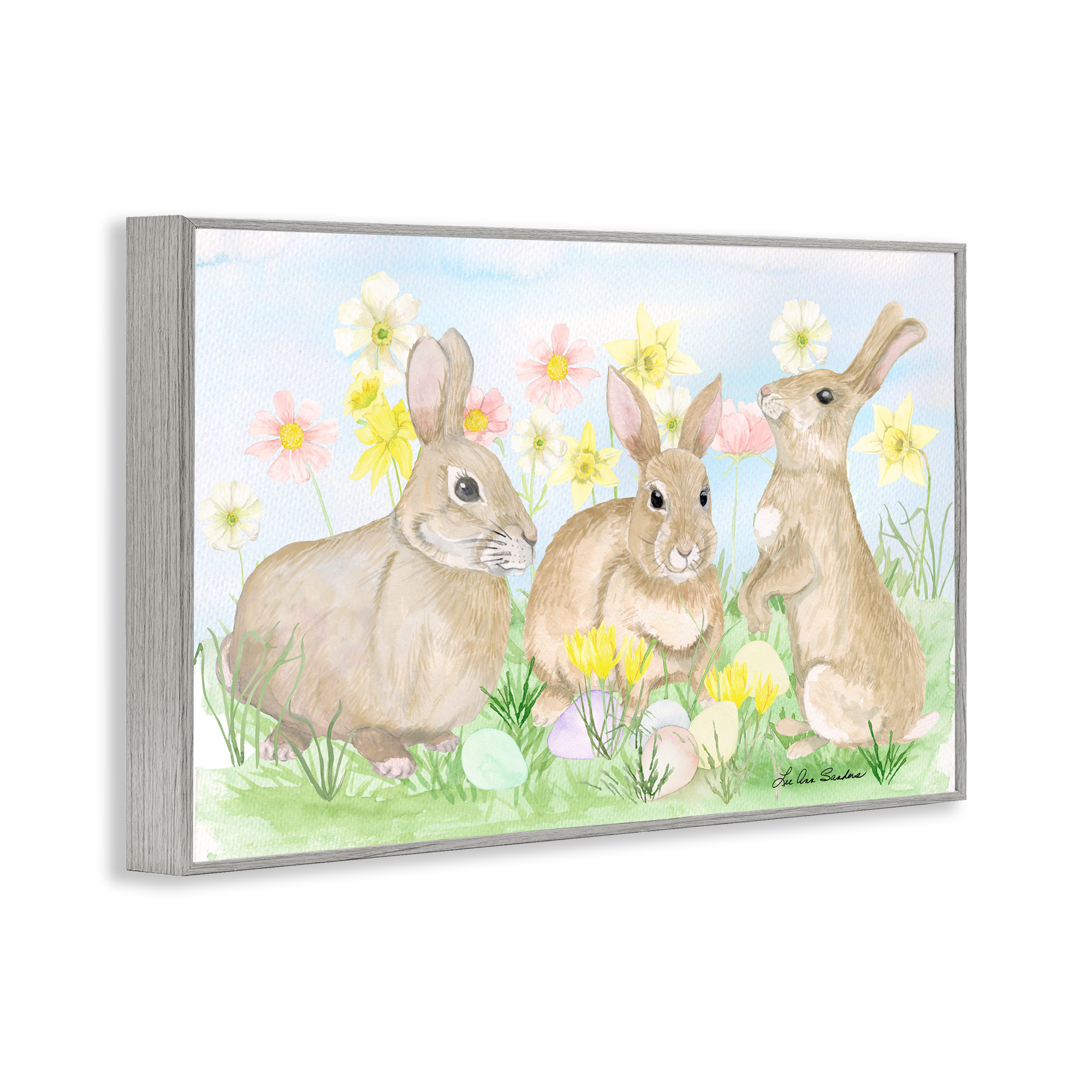 Three Bunnies In The Grass Gray Framed Giclee Art, design by Lee Ann Sanders