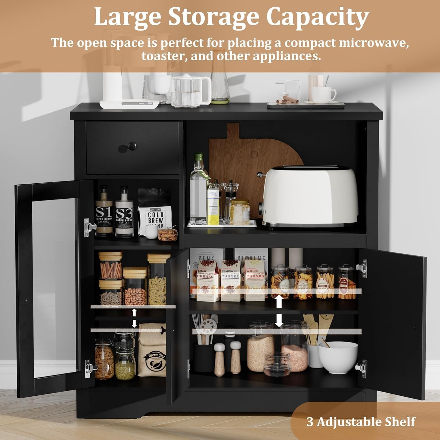 Yeshouse Pantry Storage Cabinet, Multipurpose Kitchen Sideboard with Drawer, 3 Doors & Adjustable Shelving