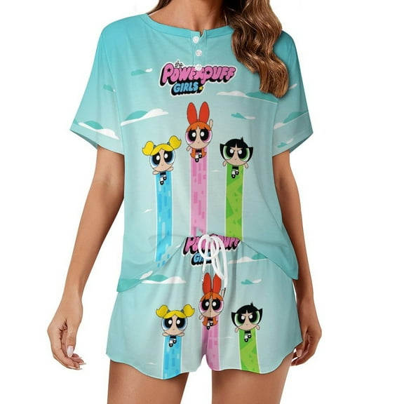 Women's Power-puff Gir Pajamas Set 2 Piece Short Sleeve Shirt and Shorts Loungewear Sleepwear