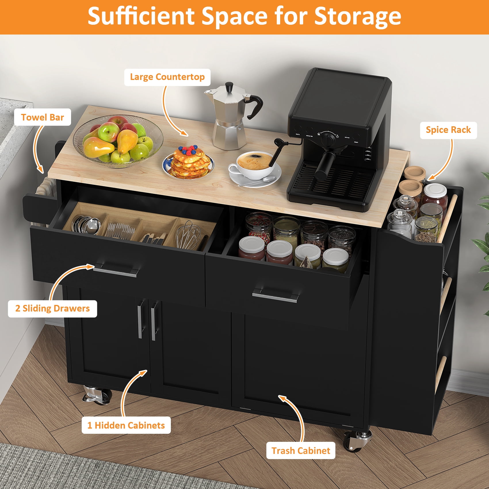 Meteorleg Rolling Kitchen Island with Drop Leaf, Tilt Out Kitchen Trash Cabinet 10 Gallon Storage, Kitchen Cart Island with Rubber wood Top, Spice Rack and Drawers,Black