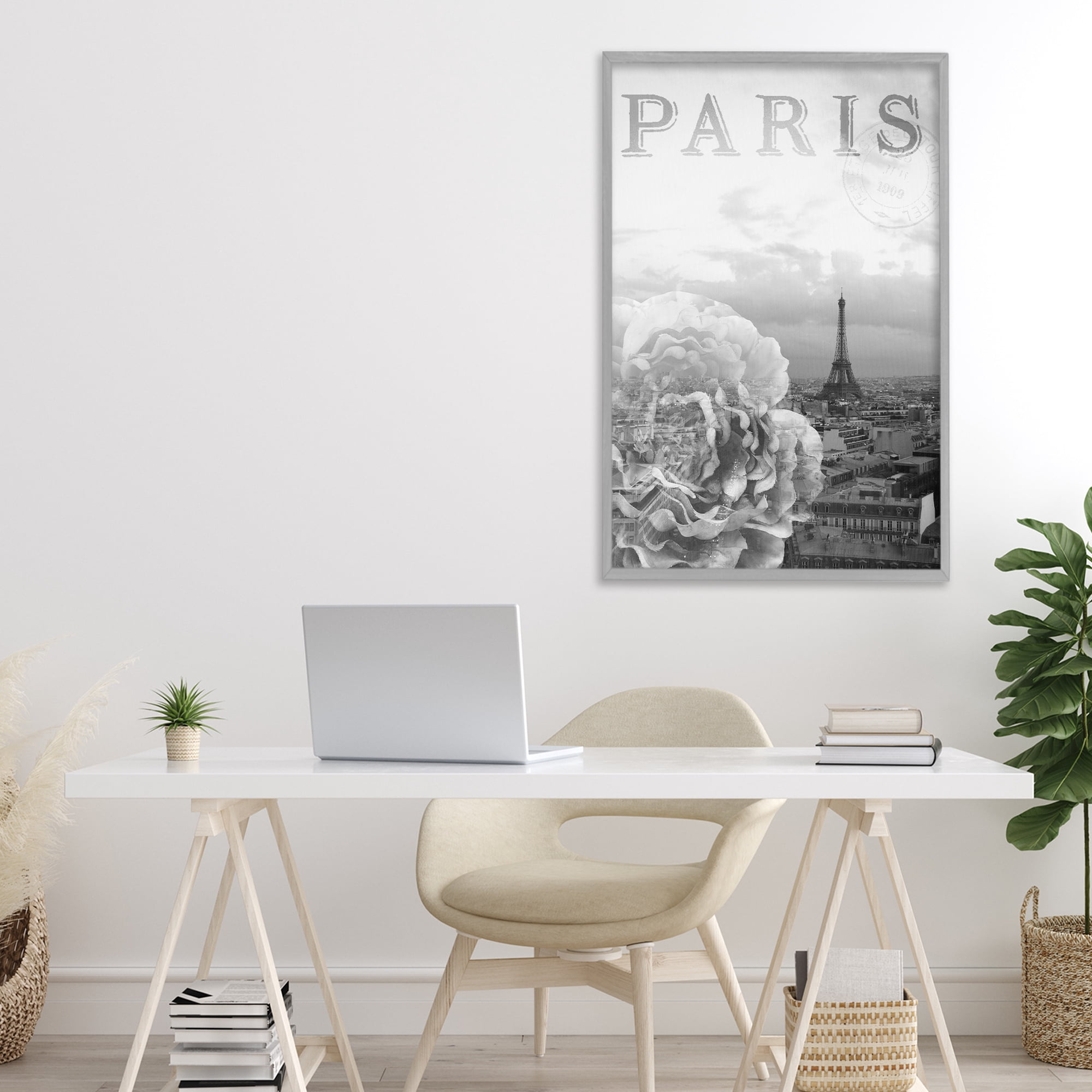Stupell Industries Paris Postcard in Monochrome Gray Framed Giclee Art, design by Emily Navas