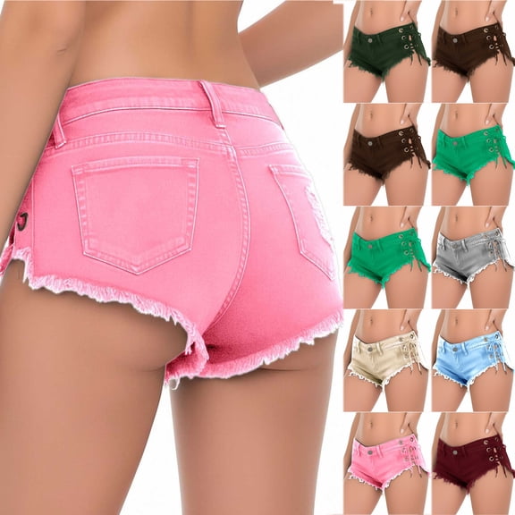 Bloomae Women Cowgirl Booty Jean Shorts Side Cut Off Destroyed Bandage Low Rise Cheeky Mini Ripped Jeans Shorts Micro Denim Hot Pants with Pockets