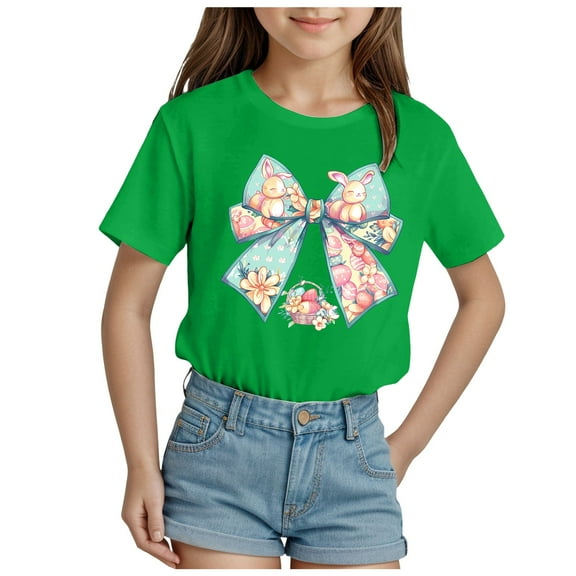 ZTKWD Girls Pleated T Shirts Kids Summer Short Sleeve Fashion Tops Tees 2-14 years Easter bow