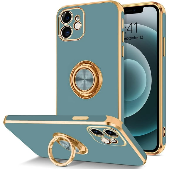 iPhone 12 Mini Case, Electroplated iPhone 12 Mini Phone Case with 360° Ring Holder Kickstand Soft TPU Car Mount Supported Shockproof Protective Plating iPhone 12 Mini Case Cover, Grey