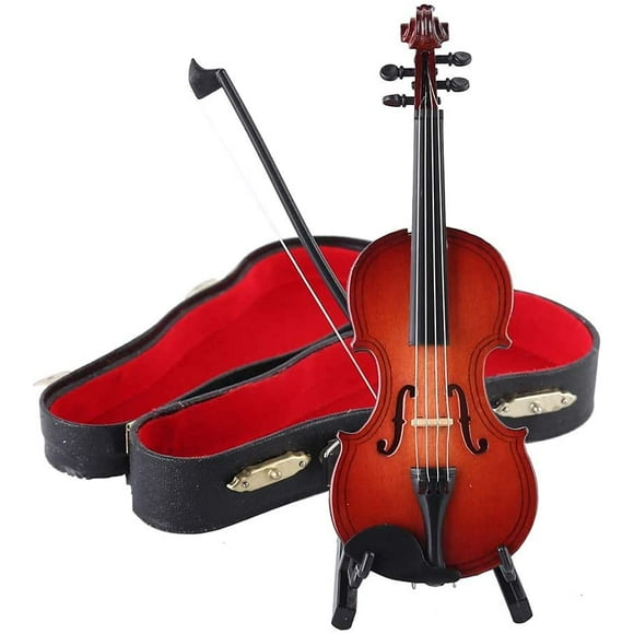 Mini Violin Model Wooden Miniature Violin Mode with Stand and Case Mini Musical Instrument Ornaments Dollhouse Home Decor Miniature Figurine(10cm)