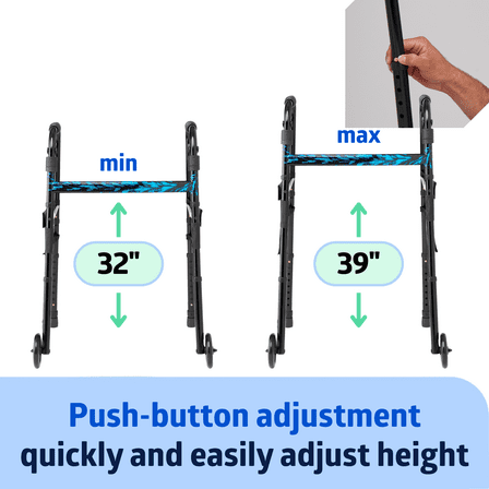 Medline Walker with Wheeled Glide-Brake, Trigger Release Folding Walker, 5" Front Wheels, Black