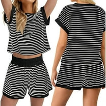 Women Summer 2 Piece Sets Striped Short Sleeve T Shirts and Shorts Matching Set Black S