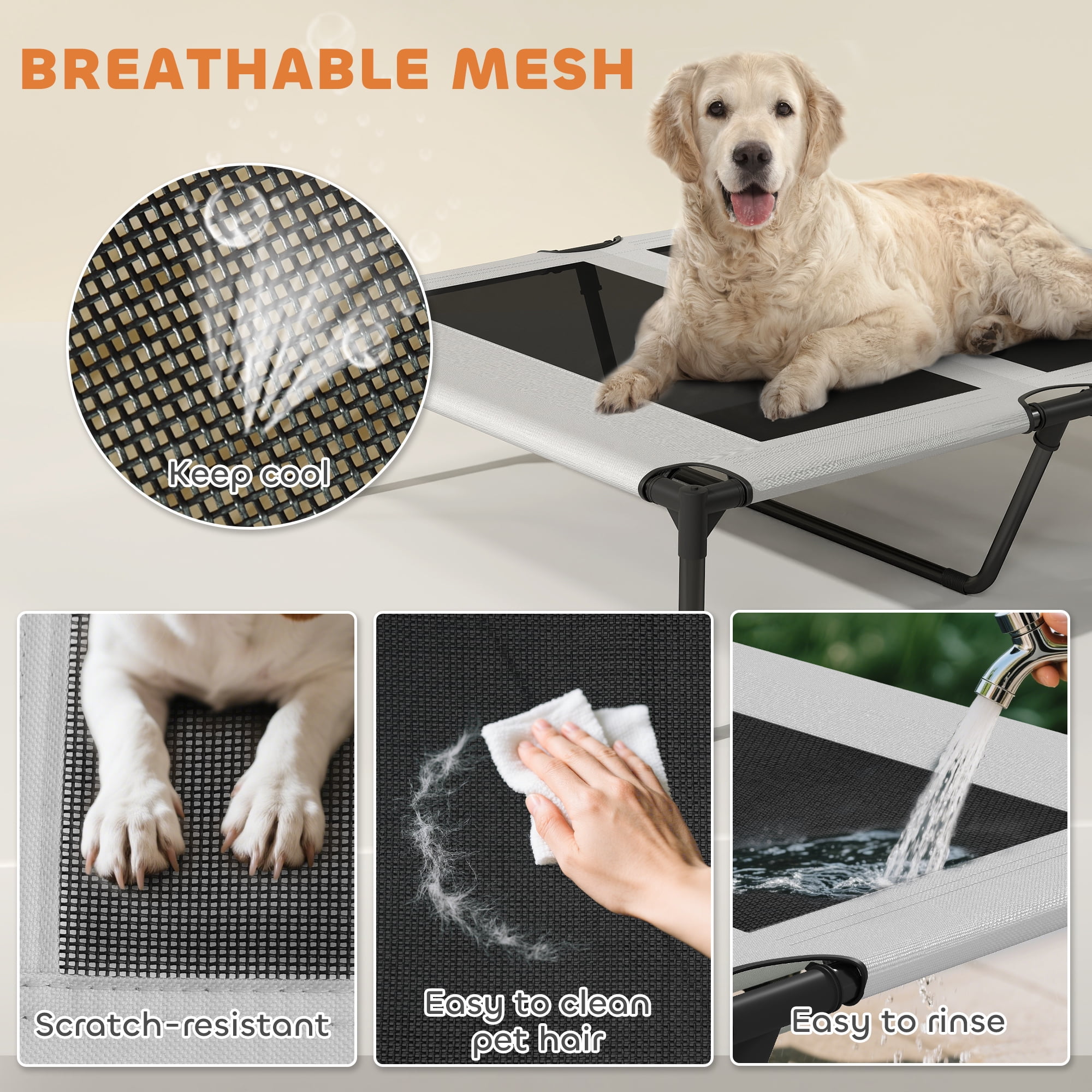 HUJHKIO Elevated Dog House with Canopy, Cooling Pad & Storage Bag, Portable Outdoor Sun Shade Shelter for Large Dogs up to 66lbs, 3-Sided Cover, Breathable Mesh, Easy Assemble Foldable Travel Pet Bed