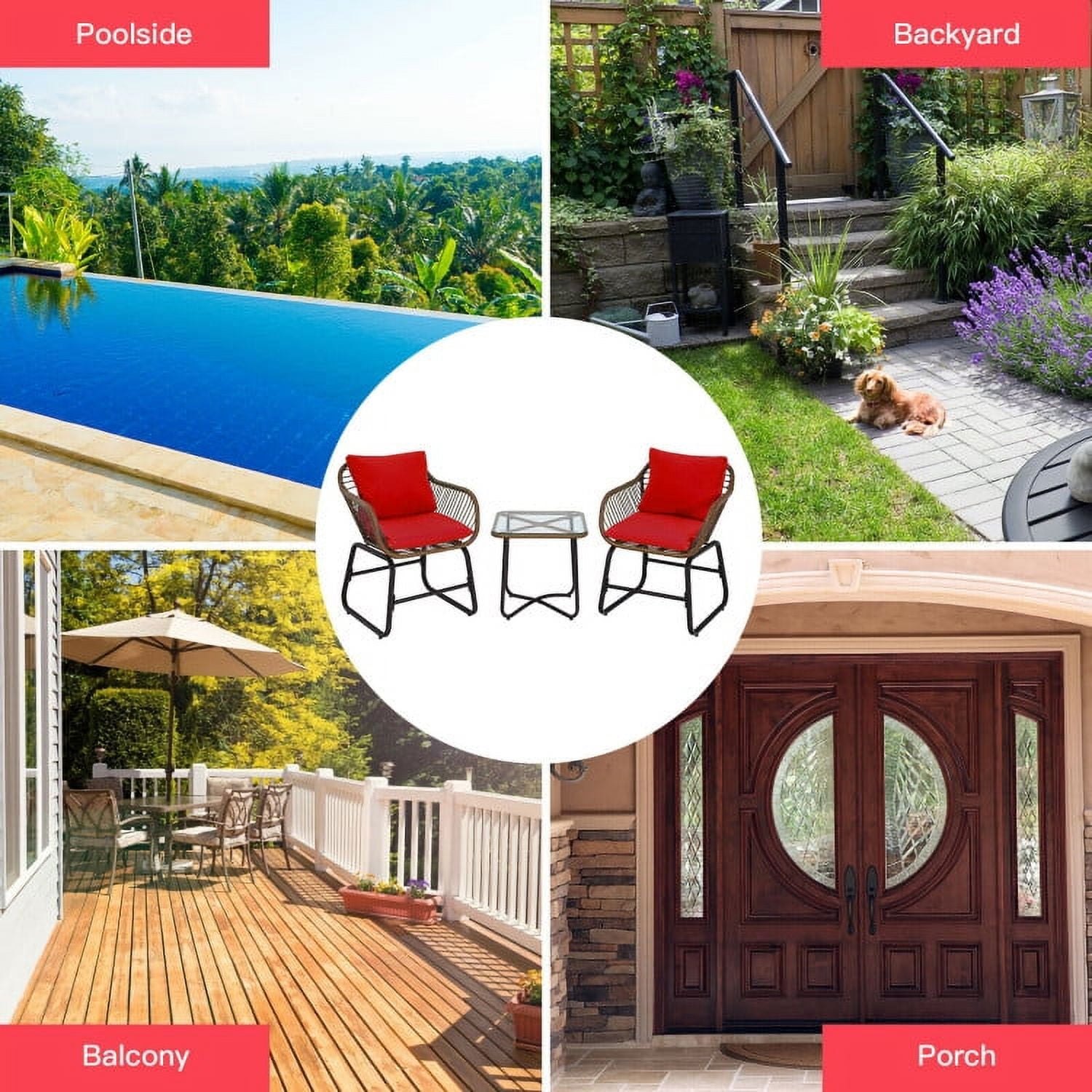 Aimee Lii 3 Pieces Patio Rattan Bistro Set Cushioned Chair Glass Table Deck, Outdoor Patio Furniture, Red Aimee Lii 3 Pieces Patio Rattan Bistro Set Cushioned Chair Glass Table Deck, Outdoor Patio Furniture, Red