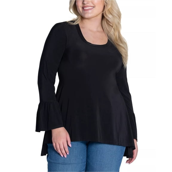 24seven Womens Bell Sleeve Tunic Blouse, Black, Plus Size, 3X