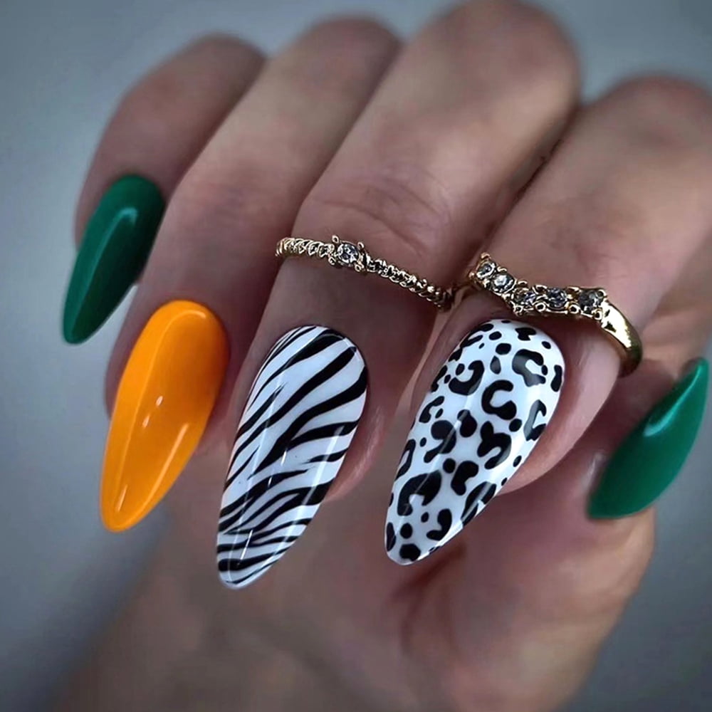 Black White Leopard Print Fake Nails Zebra-Stripe False Nails Yellow