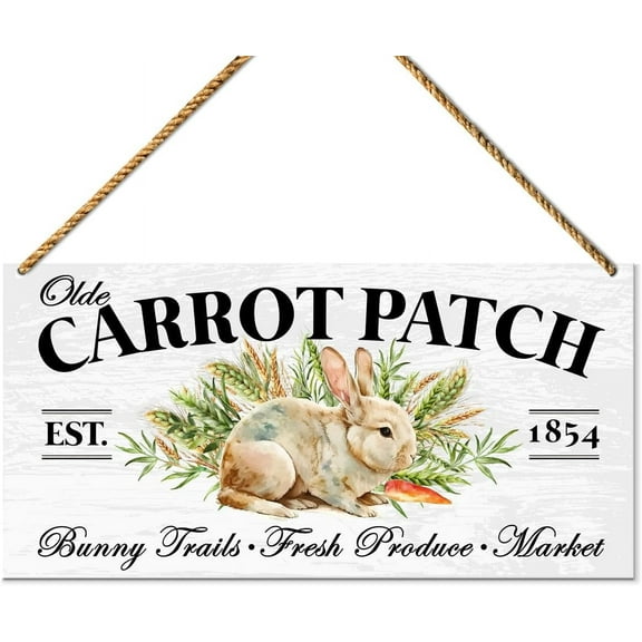 Novelty Easter Bunny Sign Wood Decor, Easter Sign Decorations for Home Kitchen Dining Room Easter Day Hanging Sign Wall Decor, Olde Carrot Patch 8x12 Inch